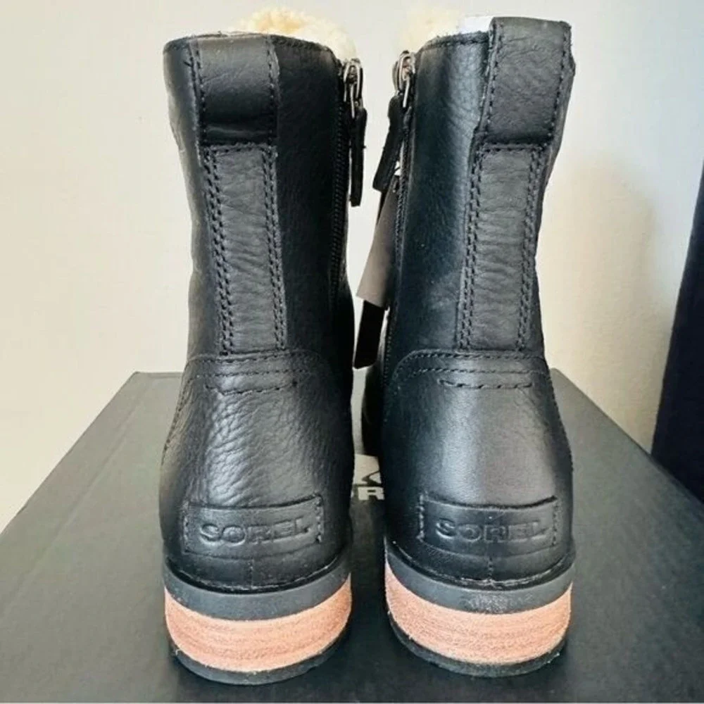 SOREL Emelie Genuine Shearling Lamb Fur Short Lace-Up Boot, Black, 7.5 - 10, NWT